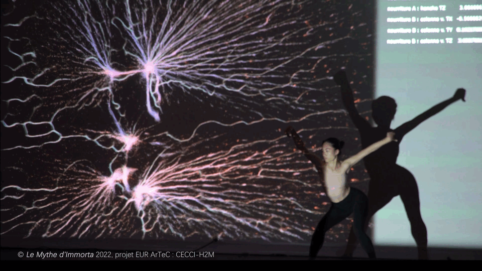 Live performance with evolving virtual ecosystems where three virtual agents species cohabitated and evolved with dancer movements